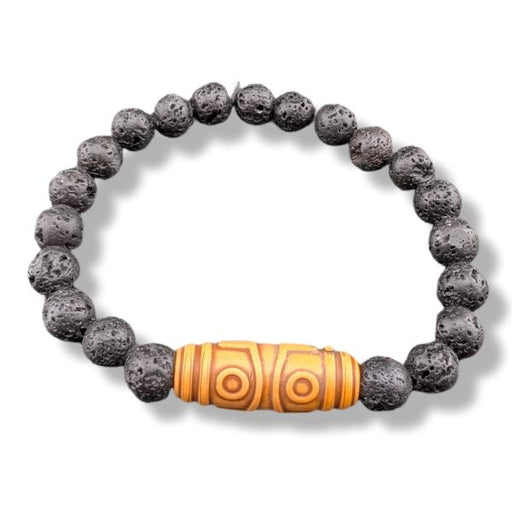 Bracelet with dark beads and a central orange and yellow bead on a white background