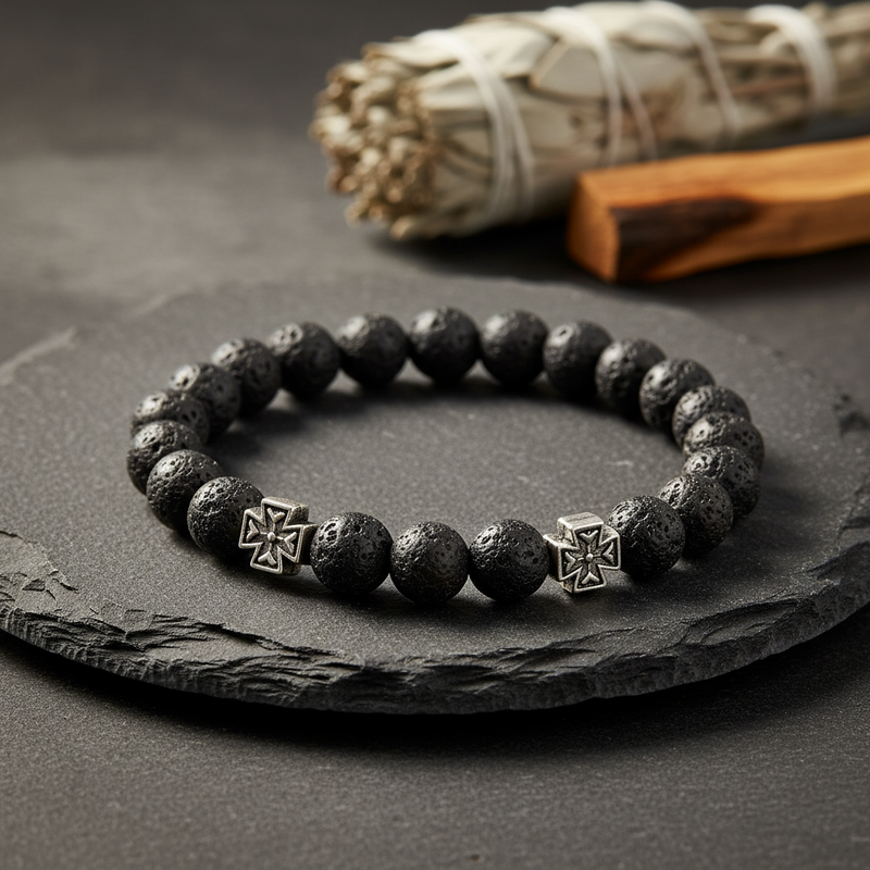 A black lava stone beaded bracelet with two silver-toned cross charms, displayed on a dark slate plate with a blurred smudge bundle in the background.