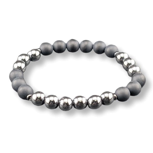 A beaded stretch bracelet featuring alternating matte dark gray and polished metallic silver beads, displayed on a clean white background.