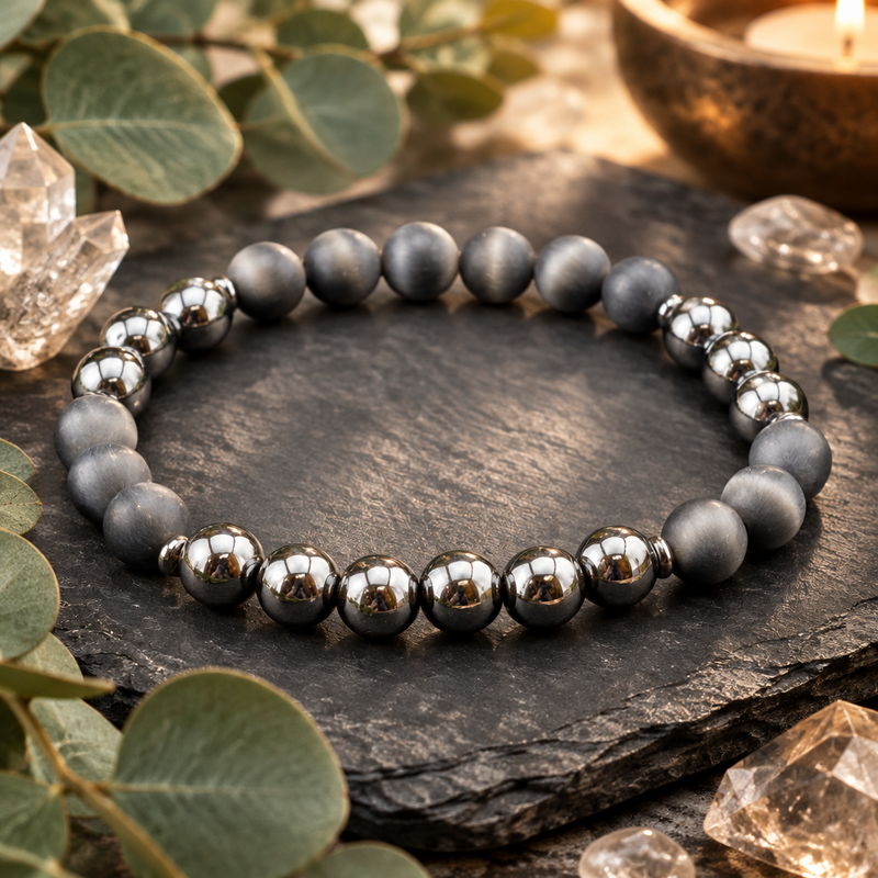 A beaded stretch bracelet made of dark gray to black polished and matte round beads, displayed on a dark slate stone surrounded by eucalyptus leaves, clear crystals, and a warm candle.