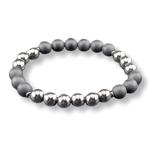 A beaded stretch bracelet featuring alternating matte dark gray and polished metallic silver beads, displayed on a clean white background.