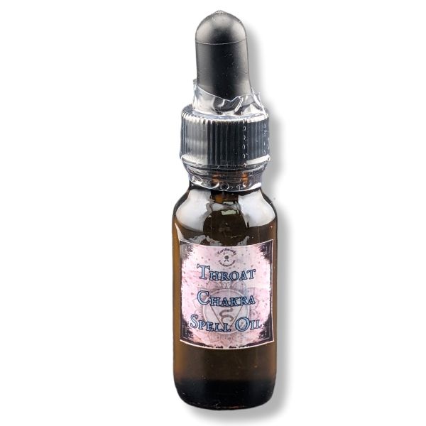 A small amber glass dropper bottle labeled 'Throat Chakra Spell Oil' with a black rubber dropper cap, shown on a plain white background.