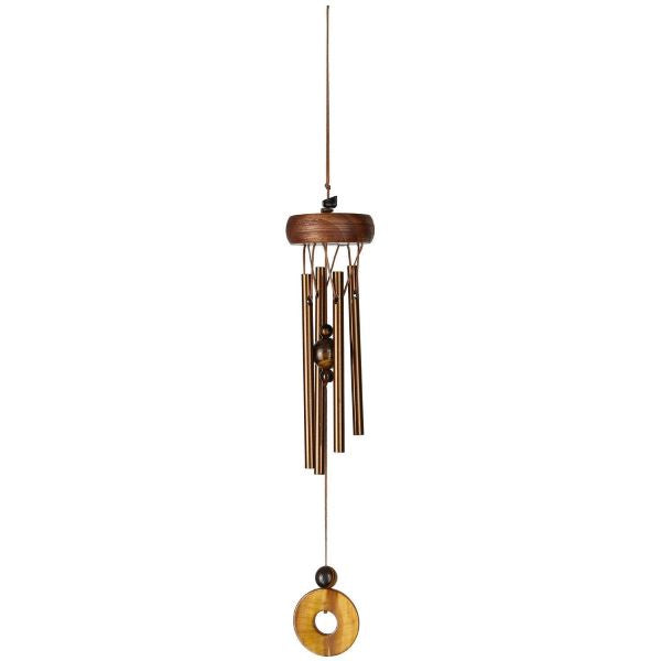 Bronze wind chime with wooden accents on a white background