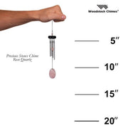 Woodstock Chimes wind chime with measurements on a white background