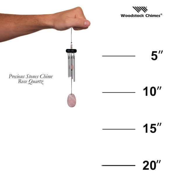 Woodstock Chimes wind chime with measurements on a white background