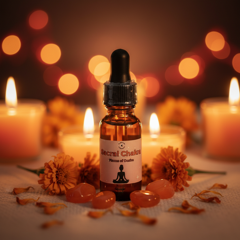 Bottle of 'Sacred Chakra' oil with marigold flowers and candles on a blurred background