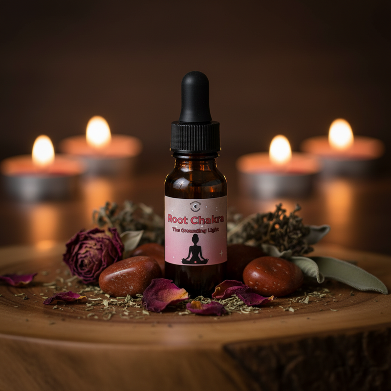 Bottle of 'Root Chakra' oil with candles and herbs on a wooden surface