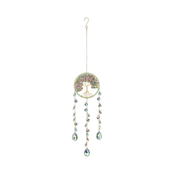 Decorative hanging ornament with beads and a hook on a white background