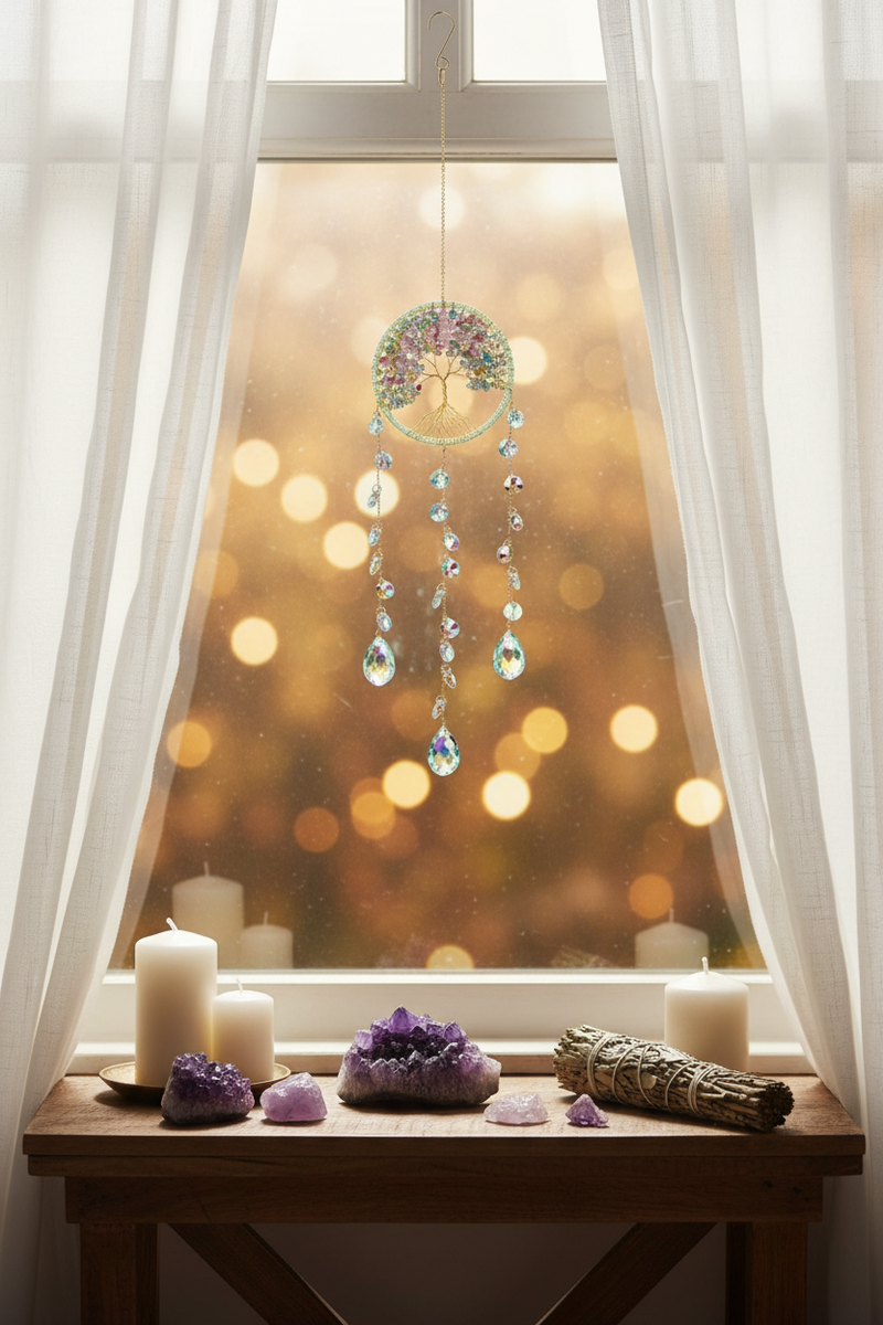 A circular dreamcatcher with hanging crystal beads is suspended in front of a window with white sheer curtains. The window has a warm golden bokeh background, and a wooden table below holds candles, amethyst crystals, and a sage bundle.