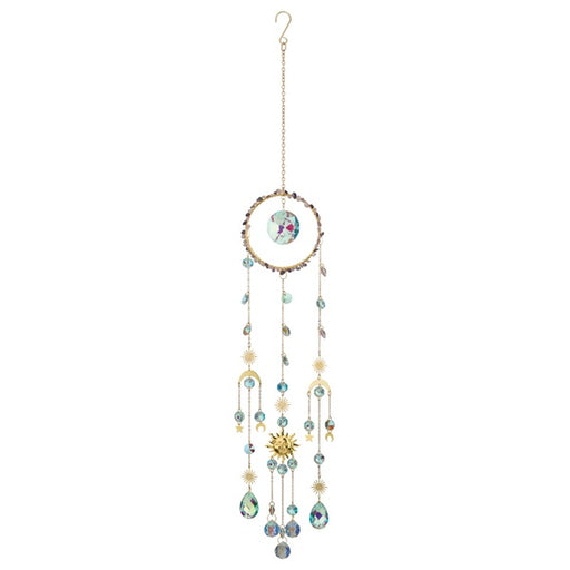 Decorative hanging mobile with beads and celestial elements on a white background