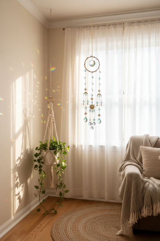 A boho-style dreamcatcher hangs in a sunlit room corner beside sheer white curtains, a hanging plant, and a cozy armchair with a knitted throw blanket.