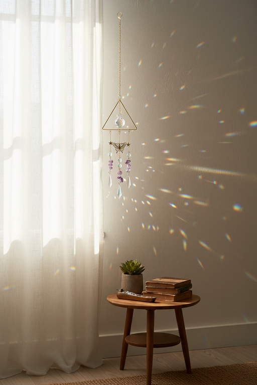 A gold triangular metal wind chime with hanging clear beads and small purple charms, suspended in a sunlit room next to a sheer white curtain. Sunlight streams across the wall, casting colorful light spots, and a small wooden side table with stacked books and a potted succulent sits below.
