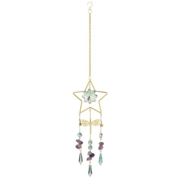 Star-shaped decorative hanging ornament with crystals on a white background