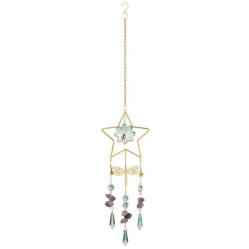 Star-shaped decorative hanging ornament with crystals on a white background