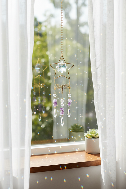 A gold star-shaped window suncatcher with purple and clear beads hangs in front of a window framed by white sheer curtains. Sunlight streams through the window, casting soft light spots on the wall and windowsill, with a small potted succulent visible on the sill.
