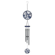Decorative wind chime with blue floral design on a white background