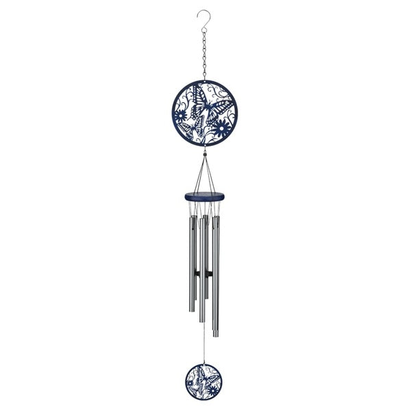 Decorative wind chime with blue floral design on a white background