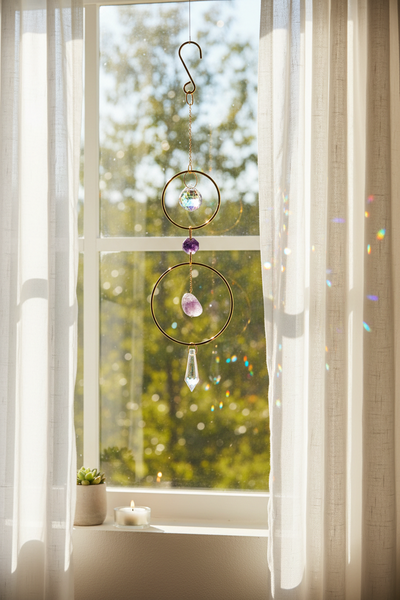 A gold-toned circular suncatcher with purple and pink beads and a clear teardrop crystal hangs in front of a sunlit window with sheer curtains and a blurred green outdoor background.