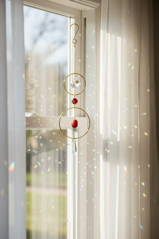 A gold circular window suncatcher with red beads and a clear hanging crystal, suspended in front of a bright window with sunlight and rainbow reflections on the curtains.