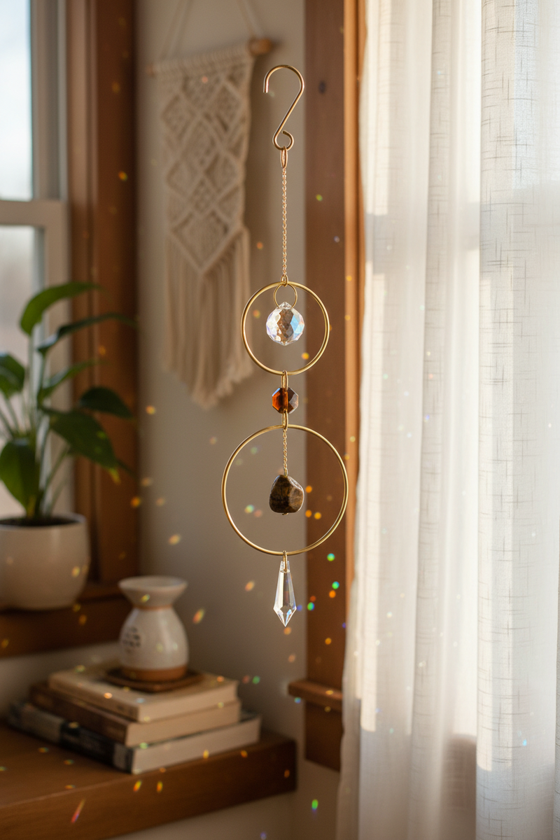 A gold metal suncatcher with clear and brown crystal elements hangs in a sunlit room beside a window with sheer curtains, with a macrame wall hanging and a potted plant in the background.