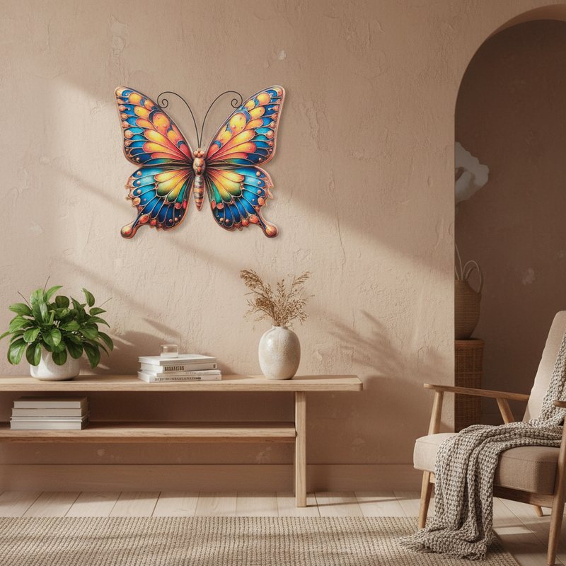 A colorful butterfly wall art piece with blue, yellow, orange, and red wings hanging on a beige wall in a styled living room setting with a console table, plant, and chair.
