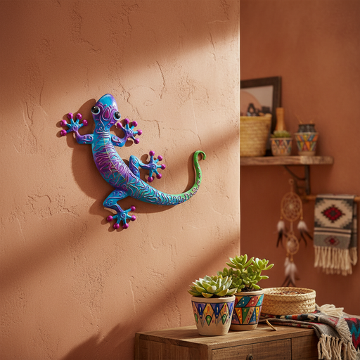 A colorful metallic gecko wall decor piece in shades of blue, purple, and green, mounted on a textured terracotta wall in a styled room setting with potted plants and a wooden shelf.
