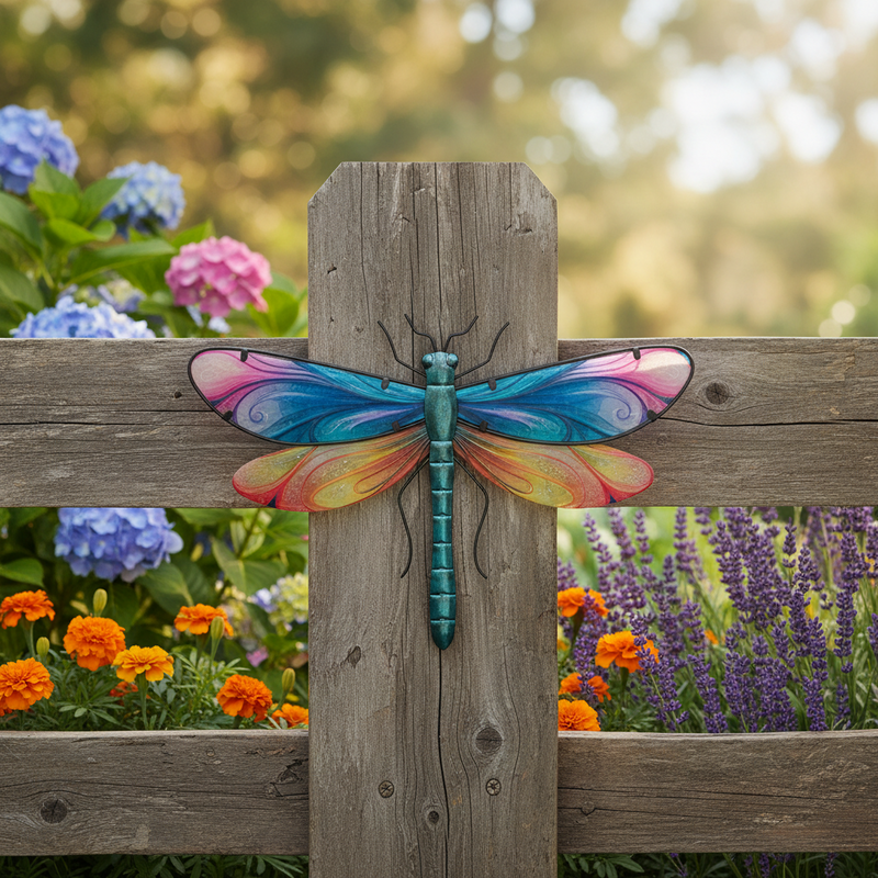 A colorful metal dragonfly garden ornament with vibrant blue, pink, orange, and yellow wings, mounted on a weathered wooden fence in a garden setting.