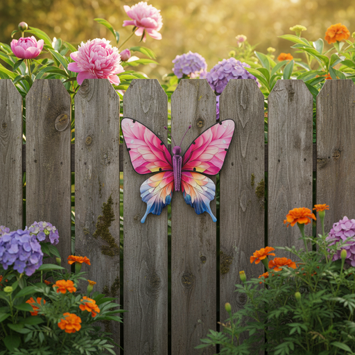 A decorative butterfly wall plaque with pink, purple, yellow, and blue wings, mounted on a weathered gray wooden fence in a garden setting with flowers.