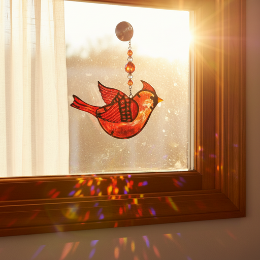 A red and orange stained glass cardinal bird suncatcher hanging on a window, with warm sunlight streaming through and colorful light reflections on the window frame.