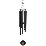Black wind chime with a hanging hook on a white background
