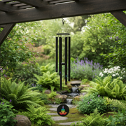 A black metal wind chime hangs from a wooden pergola in a lush green garden with a stone path and small waterfall in the background. A small circular inset at the bottom shows a meditating figure illustration.