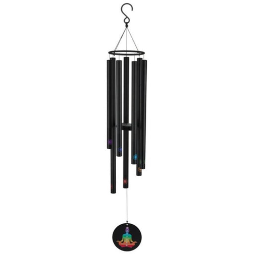 Black wind chime with a hanging hook on a white background
