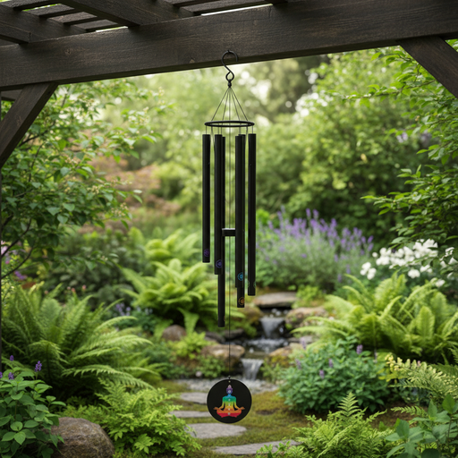 A black metal wind chime hangs from a wooden pergola in a lush green garden with a stone path and small waterfall in the background. A small circular inset at the bottom shows a meditating figure illustration.