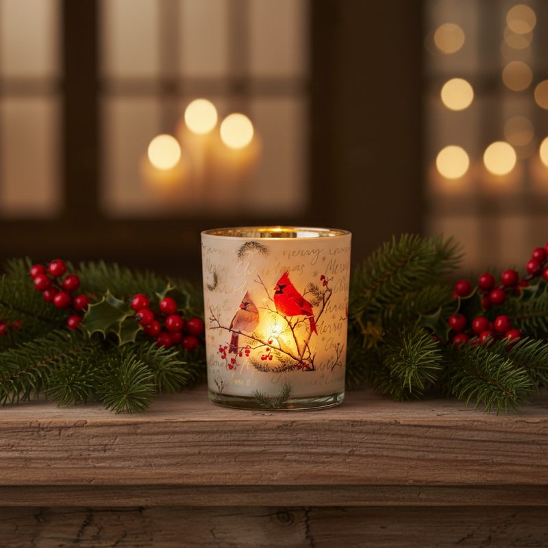 Tealight Holder Holiday Cardinal Glass Medium