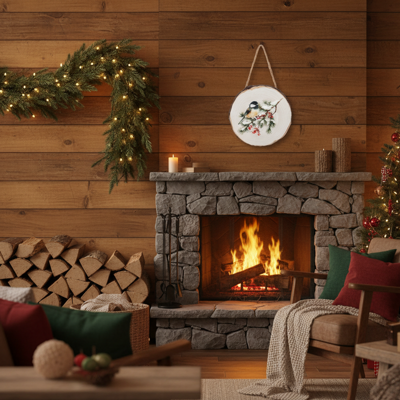 Wood Slice Ornament Forest Birds Chickadee