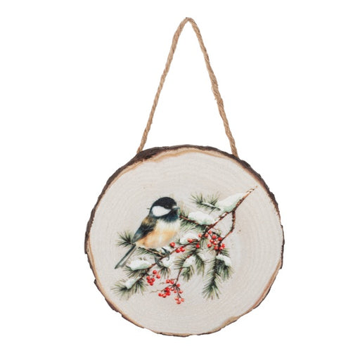 A circular wooden hanging plaque featuring a painted bird perched on a snowy branch with red berries, suspended by a natural jute rope against a plain white background.