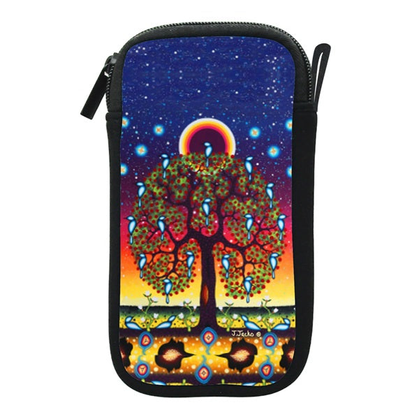 A vertical zippered pouch featuring a colorful, vibrant graphic print of a tree with bluebirds under a starry night sky, set against a plain white background.
