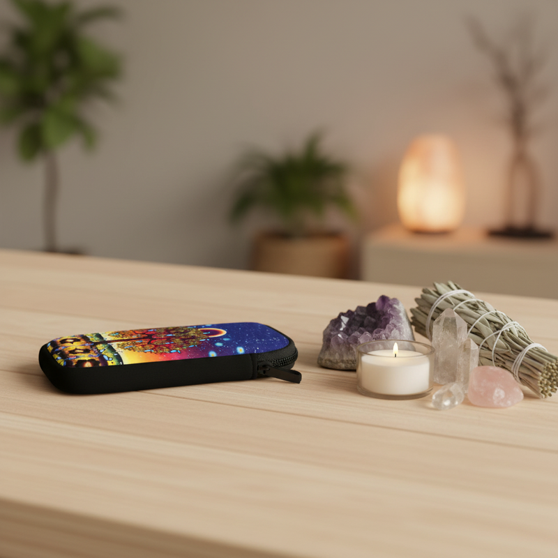 A black zippered pouch with a colorful cosmic and temple design lies on a light wood table next to a lit candle, crystals, and a smudge bundle, with a softly blurred home decor background.