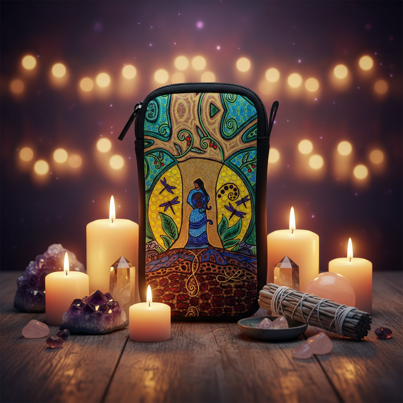 A zippered pouch with a colorful tree-of-life illustration stands on a wooden surface surrounded by lit candles, crystals, and a smudge bundle against a dark background with warm bokeh lights.