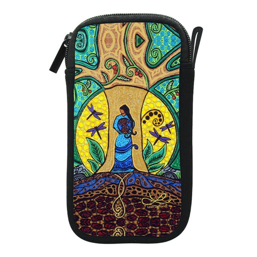 A zippered pouch featuring a colorful, detailed graphic print of a woman under a tree with dragonflies, set against a plain white background.