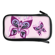 A zippered pouch with a black zipper and trim, featuring a light pink printed design with two stylized purple and magenta butterflies on a white background.