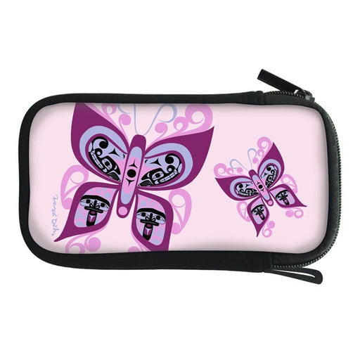 A zippered pouch with a black zipper and trim, featuring a light pink printed design with two stylized purple and magenta butterflies on a white background.