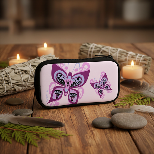 A rectangular zip pouch with a black border and a light pink printed design featuring two purple butterflies, styled on a wooden surface with candles, smudge bundles, stones, and feathers.
