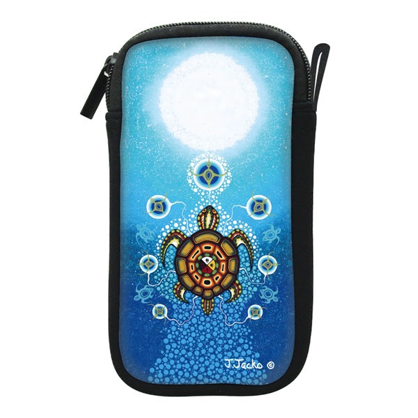 A vertical zippered pouch featuring a blue and white ocean design with a central turtle motif and decorative circular patterns, shown on a plain white background.