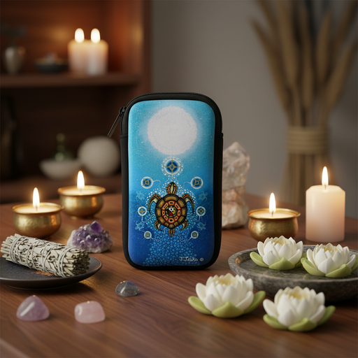 A blue zippered pouch with a turtle and moon design, styled on a wooden table with candles, lotus flowers, and crystals.
