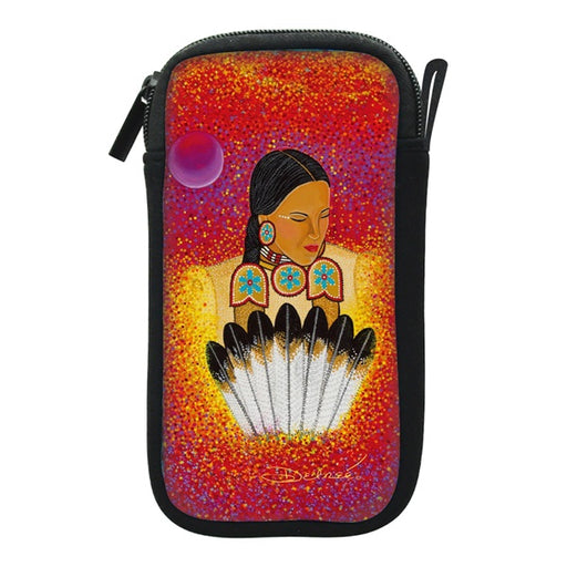 A zippered pouch featuring a colorful, textured graphic of a Native American woman with turquoise jewelry and a fan of black and white feathers, set against a red and orange background.