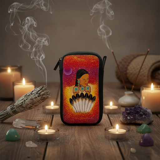A small rectangular pouch or case with a colorful printed illustration of a woman and a fan of matches, standing on a wooden surface surrounded by lit candles, smudge sticks, crystals, and incense sticks.
