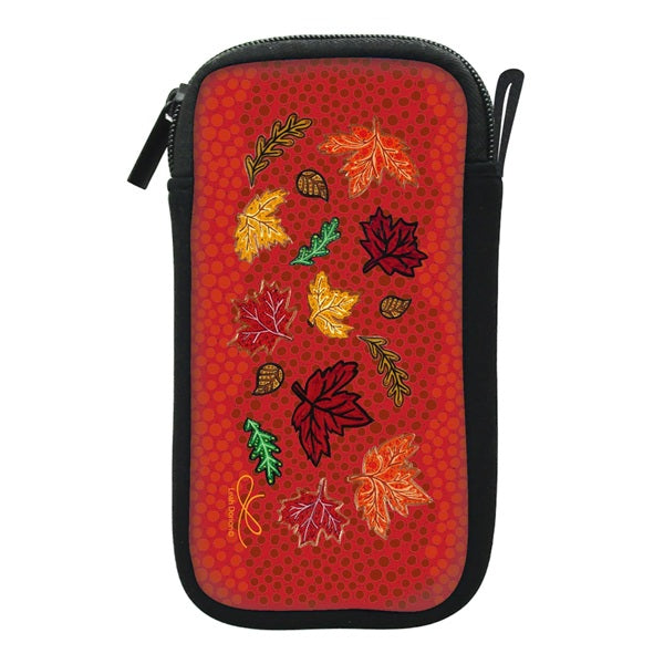 A red zippered pouch with a black trim and handle, decorated with colorful embroidered autumn leaves and acorns on a white background.