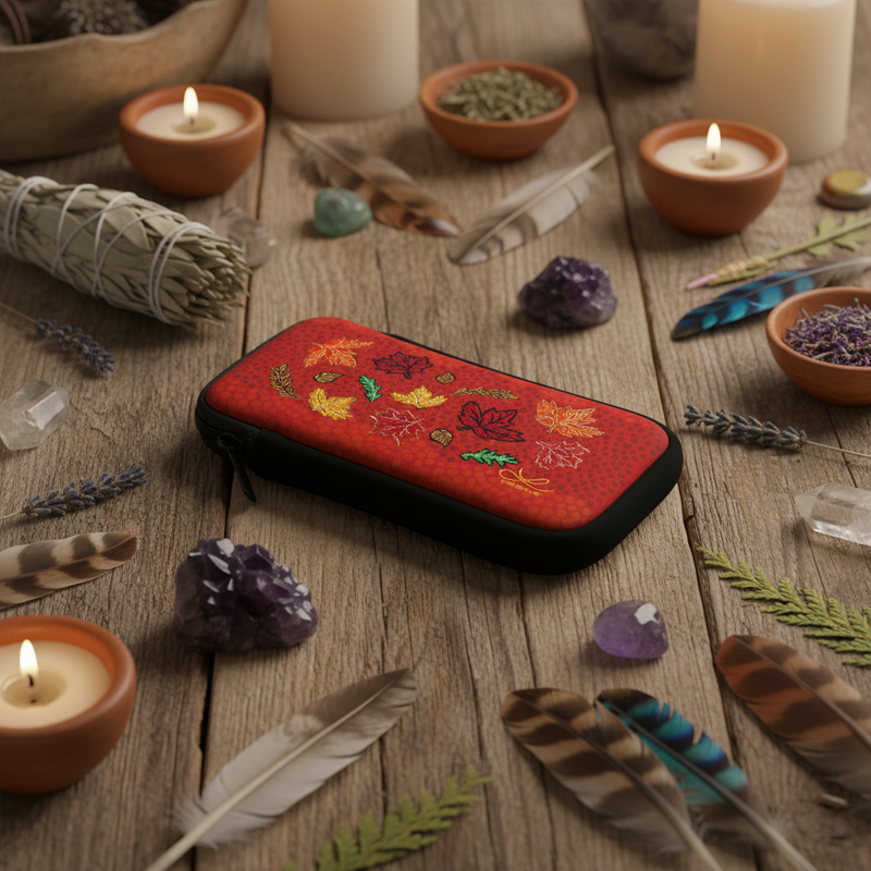 A red rectangular pouch or case with embroidered autumn leaves in yellow, orange, green, and purple, resting on a rustic wooden surface surrounded by candles, feathers, crystals, and dried botanicals.
