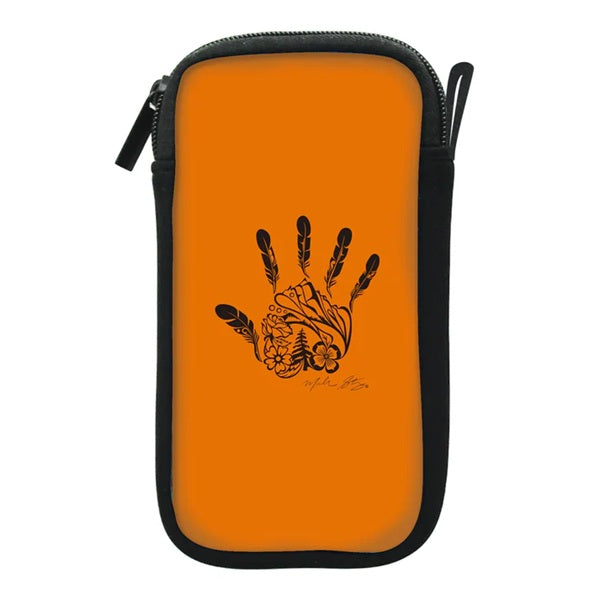 An orange zippered pouch with a black border and a black handprint graphic featuring feathers and floral details, shown on a plain white background.